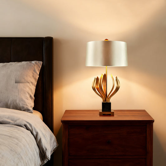 Vintage Gold Metal Table Lamp European Carved Body Champagne Fabric Shade E26 Ornate Classical Accent Light 30.55 Inch