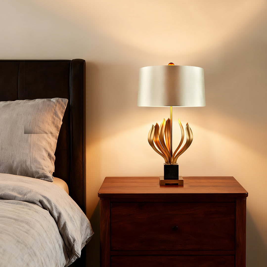 Vintage Table Lamp Gold Carved Metal Body Champagne Fabric Shade E26 European Classical Bedside 30.55 Inch