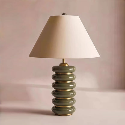 Retro Industrial Iron Table Lamp Stacked Ring Base Beige Fabric Shade E27 American Style Green White Wood 17.72 Inch