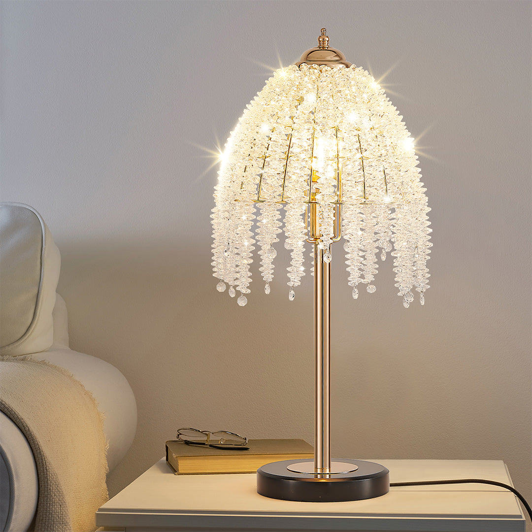 Gold Crystal Table Lamp European Luxury French Gold Hardware Frame Transparent Crystal Shade E12 Bedside 18.90 Inch