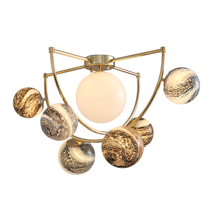 Planet Art Gold Semi-Flush Mount Glass Orb Modern 7-Light