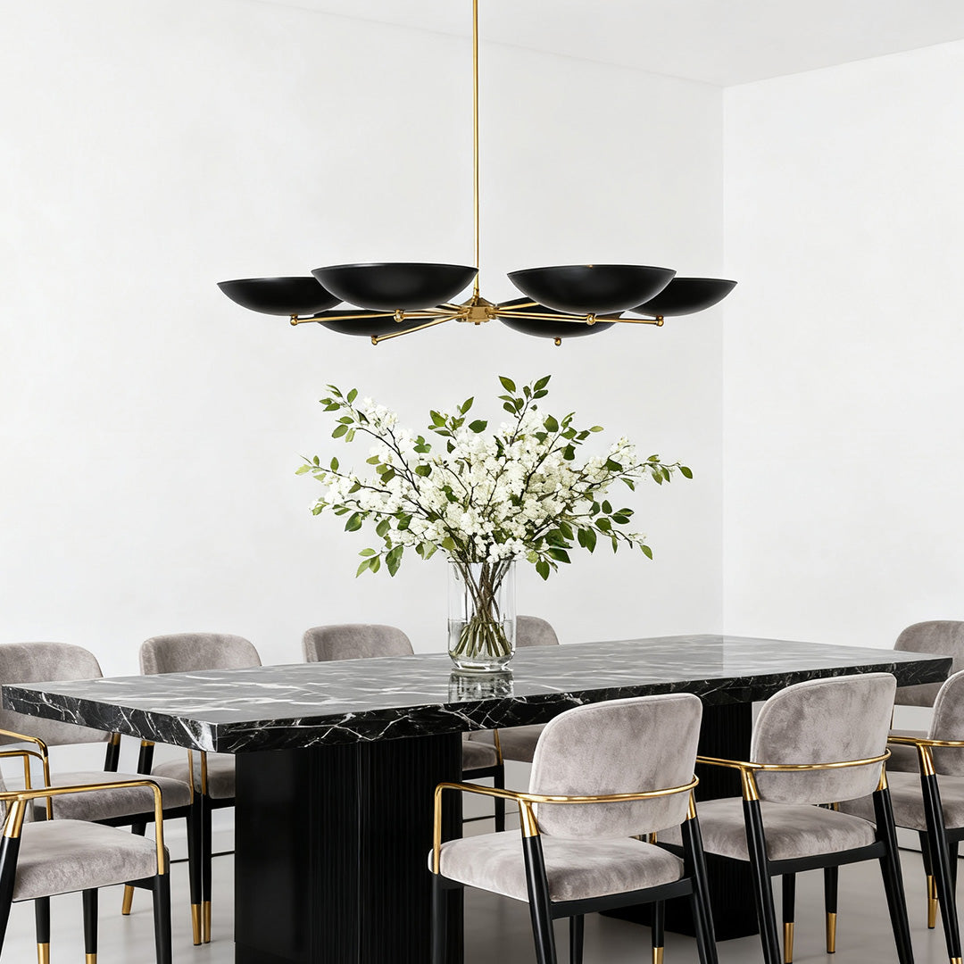 Black and Gold Six-Arm Disc Chandelier with Matte Black Shades and Brushed Gold Frame
