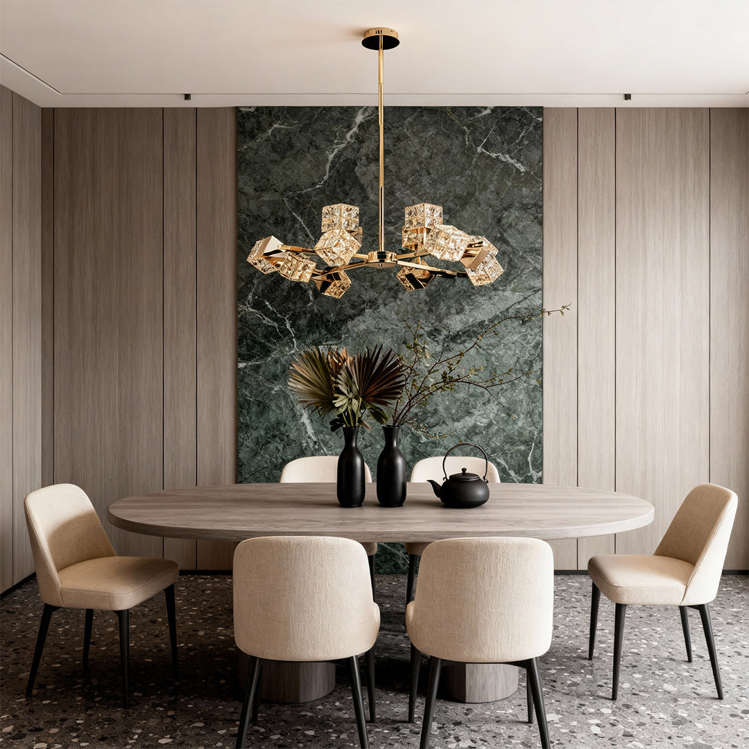 Crystal Chandelier Carbon Steel Champagne Gold Modern Cube Geometric LED Tri-Color Radial Arm Multi-Head