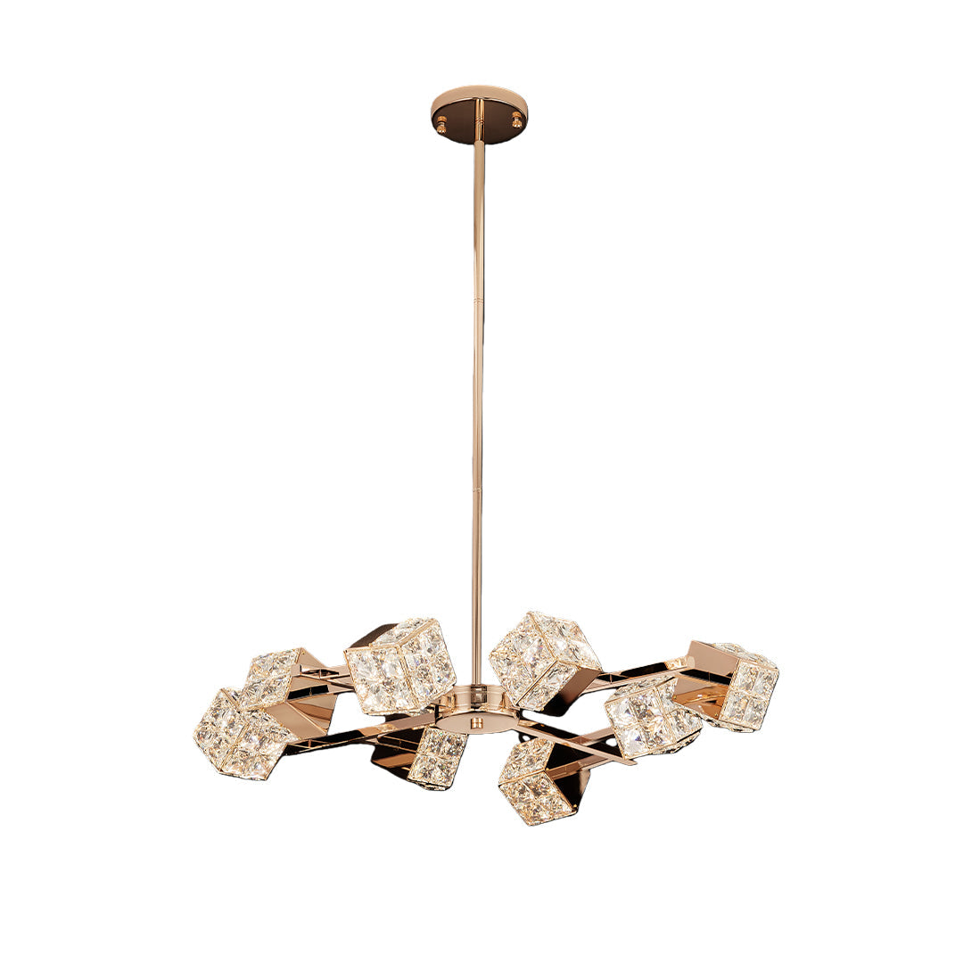 Crystal Chandelier Carbon Steel Champagne Gold Modern Cube Geometric LED Tri-Color Radial Arm Multi-Head