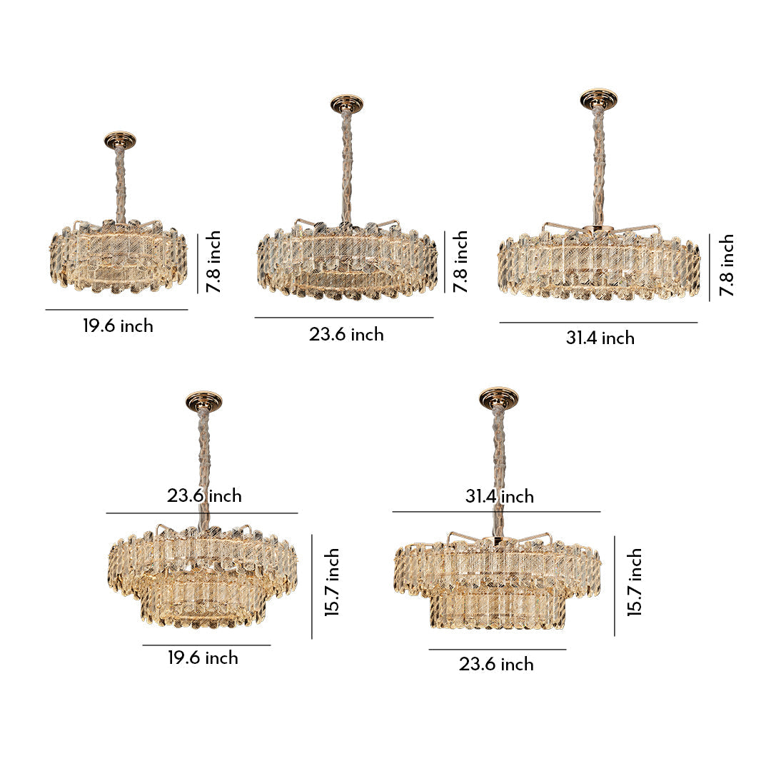 Nordic Chandelier Carbon Steel Champagne Gold Dual-Color LED Crystal Drum Single Double Layer Long Hanging Luxury