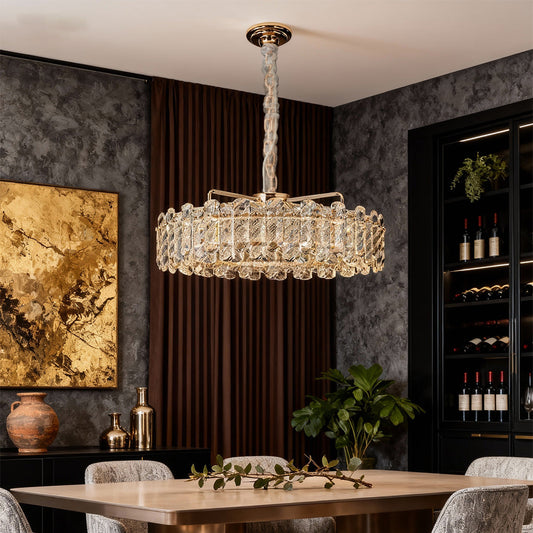 Nordic Chandelier Carbon Steel Champagne Gold Dual-Color LED Crystal Drum Single Double Layer Long Hanging Luxury