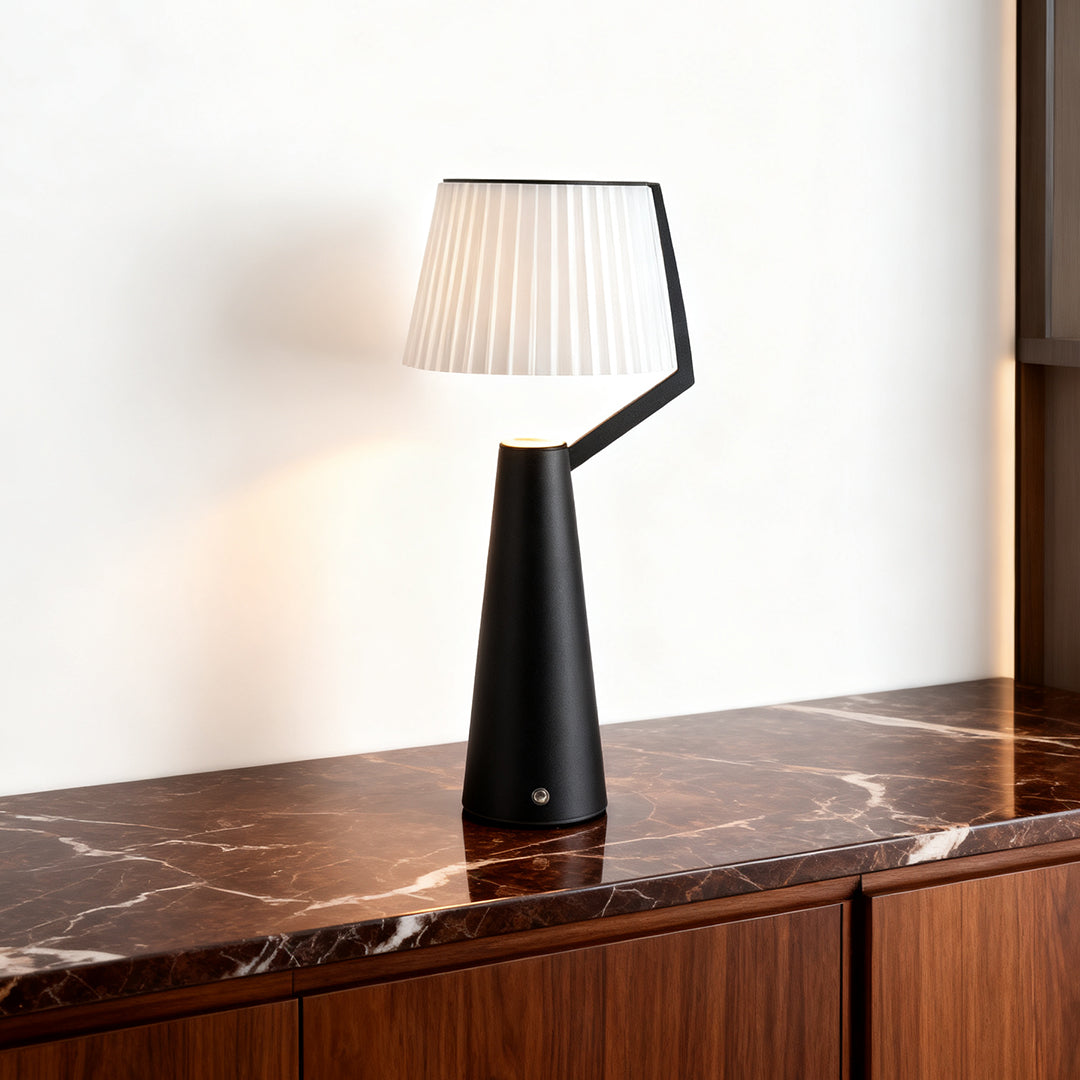 Nordic Pleated PS Shade Table Lamp Iron Base USB Rechargeable Touch Dimmable Black White 14.96 Inch