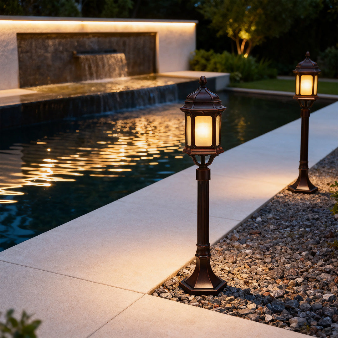 Classic Retro Path Post Light Aluminum Coffee Finish Glass E26 9W 3000K IP44 Hardwired Outdoor Pathway Courtyard Walkway
