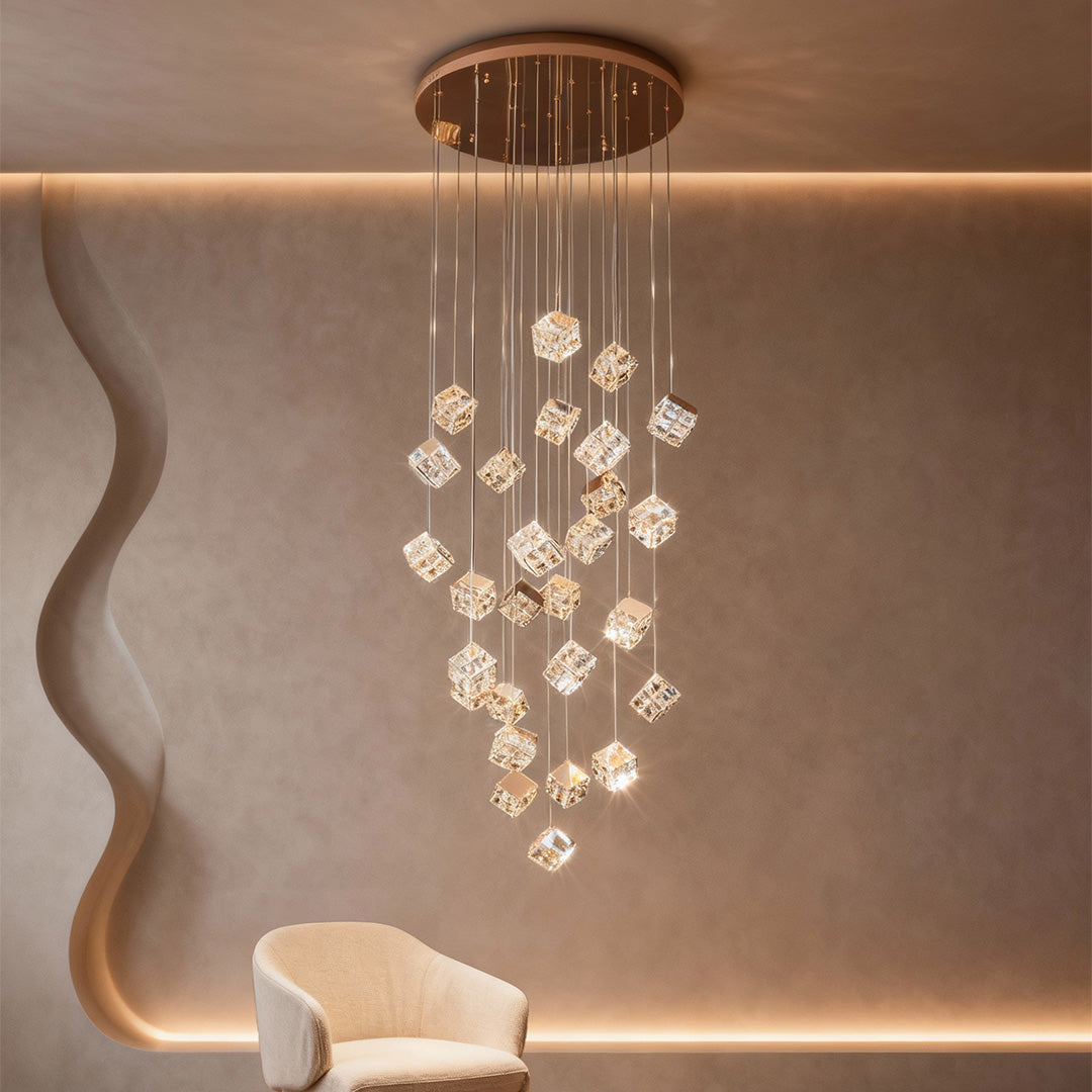Staircase Chandelier Carbon Steel Crystal Integrated LED 15-Head / 27-Head Champagne Gold Magic Cube 3-Step Modern Nordic