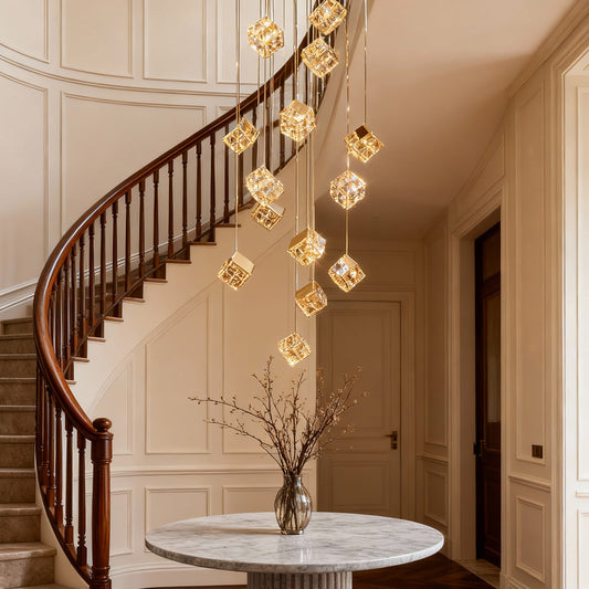 Staircase Chandelier Carbon Steel Crystal Integrated LED 15-Head / 27-Head Champagne Gold Magic Cube 3-Step Modern Nordic