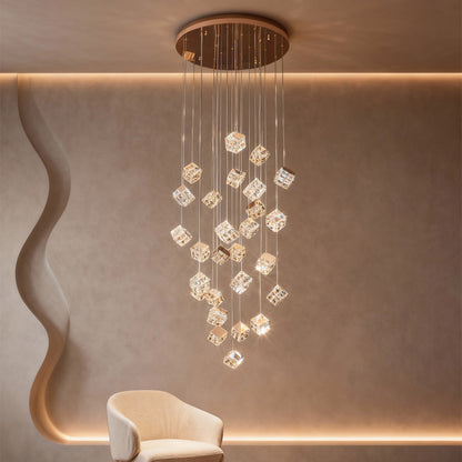 Staircase Chandelier Carbon Steel Crystal Magic Cube Champagne Gold Electroplated Integrated LED Nordic 3-Step Colour Temperature Two Configurations 15-Head to 27-Head