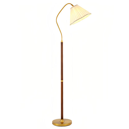Floor Lamp Walnut Wood Fabric Shade Brass Accent LED American Retro 3 Lighting Modes Warm Neutral Dimmable Remote 62 Inch