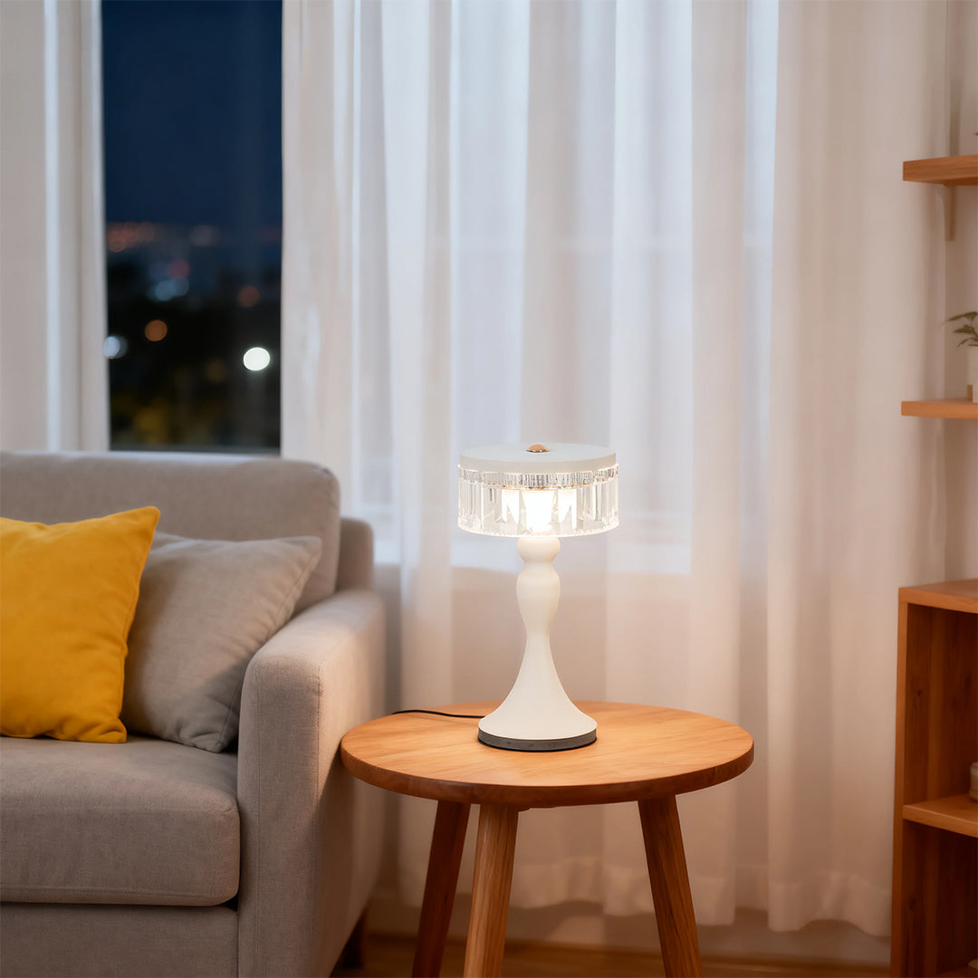 Nordic Forged Iron Pedestal Table Lamp Crystalline Acrylic Ring Shade USB Rechargeable Touch Dimmable Black White 10.04 Inch