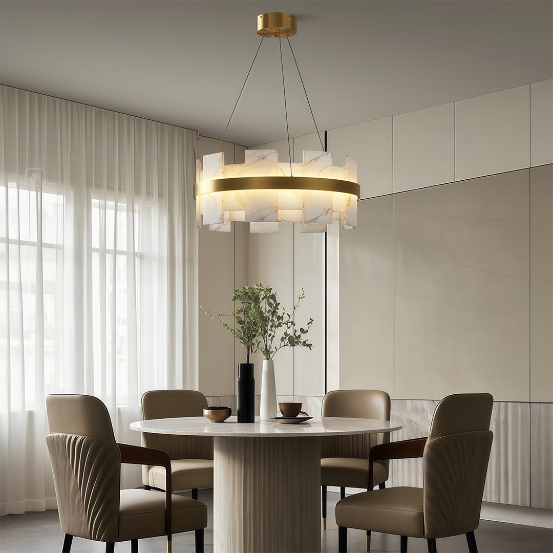 Modern Copper Marble LED Chandelier with 3 Step Dimming for Luxury Dining Room Ceiling Lighting