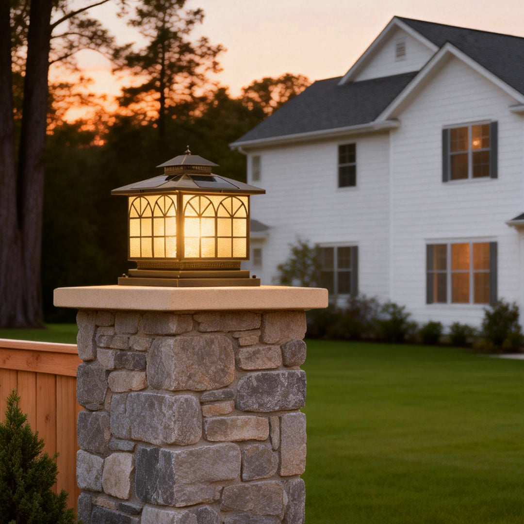 Retro Bronze Die-Cast Aluminum Grid Glass Solar or Hardwired Outdoor Pillar Light IP54 3 Sizes Garden Villa
