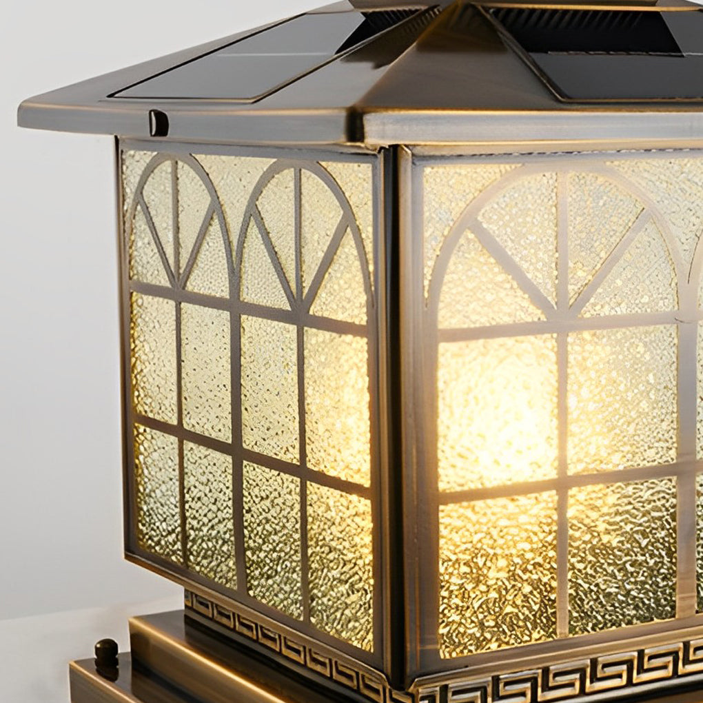 Retro Bronze Die-Cast Aluminum Grid Glass Solar or Hardwired Outdoor Pillar Light IP54 3 Sizes Garden Villa