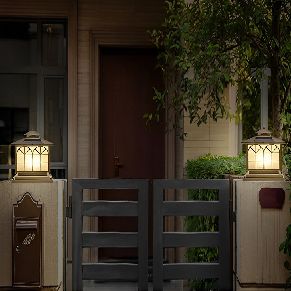 Retro Bronze Die-Cast Aluminum Grid Glass Solar or Hardwired Outdoor Pillar Light IP54 3 Sizes Garden Villa