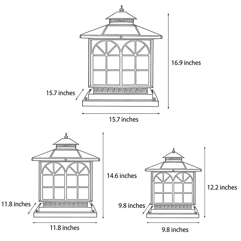 Retro Bronze Die-Cast Aluminum Grid Glass Solar or Hardwired Outdoor Pillar Light IP54 3 Sizes Garden Villa