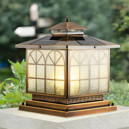 Retro Bronze Die-Cast Aluminum Grid Glass Solar or Hardwired Outdoor Pillar Light IP54 3 Sizes Garden Villa