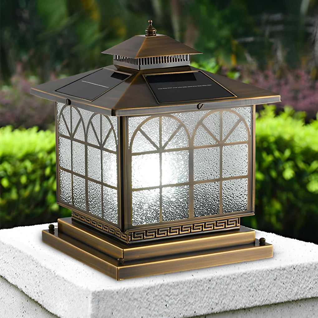 Retro Bronze Die-Cast Aluminum Grid Glass Solar or Hardwired Outdoor Pillar Light IP54 3 Sizes Garden Villa