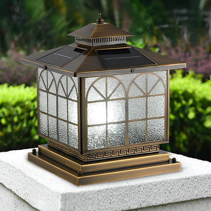 Retro Bronze Die-Cast Aluminum Grid Glass Solar or Hardwired Outdoor Pillar Light IP54 3 Sizes Garden Villa