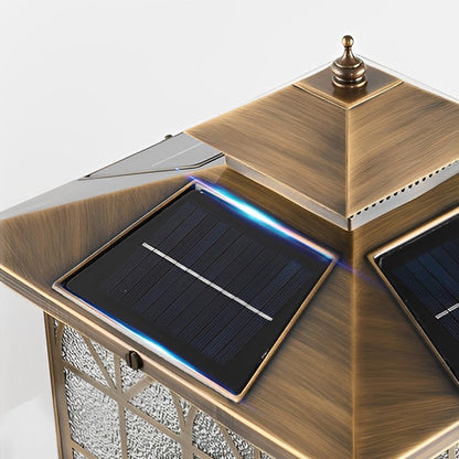 Retro Bronze Die-Cast Aluminum Grid Glass Solar or Hardwired Outdoor Pillar Light IP54 3 Sizes Garden Villa