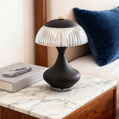 Ceramic Style Hourglass Table Lamp Ribbed Acrylic Mushroom Shade USB Rechargeable Stepless Touch Dimmable Black White 7.87 Inch