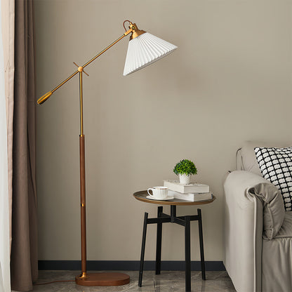 Floor Reading Lamp LED Swing Arm Pleated Fabric Shade Ash Wood Base Brass Pole Retro Luxury Dimmable Remote 2 Colors 49 Inch