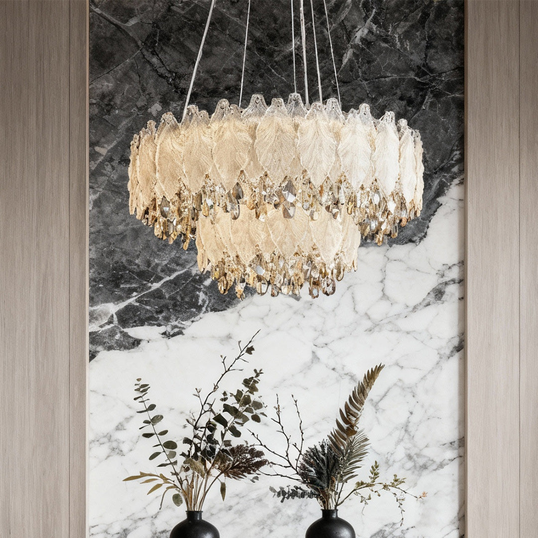 Crystal Chandelier Carbon Steel Champagne Gold French Country LED Tri-Color Leaf Crystal Single Double Layer Long Hanging