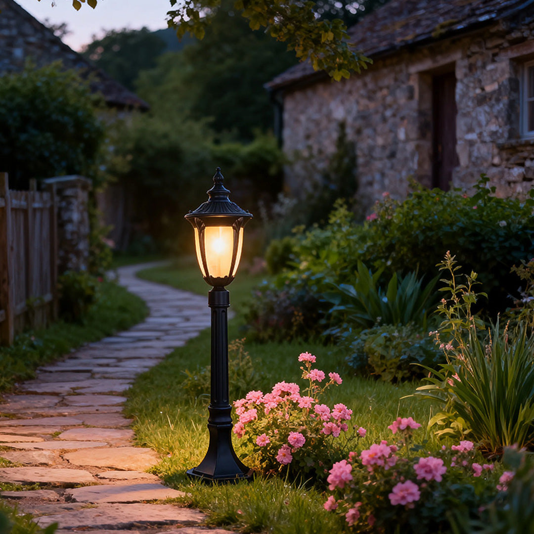 Traditional European Style Garden Post Light Black Aluminum Glass Lantern 9W 31 Inch Carved
