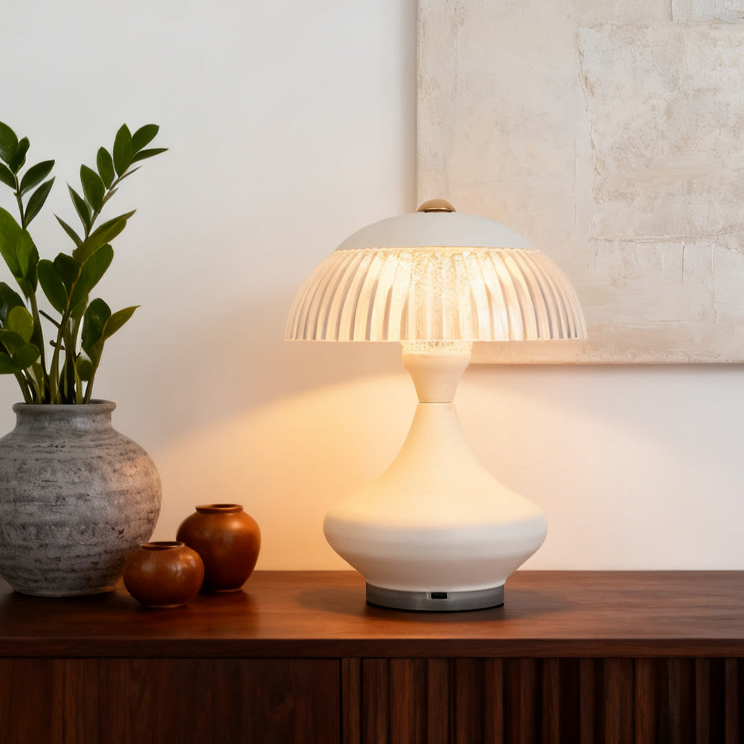 Ceramic Style Hourglass Table Lamp Ribbed Acrylic Mushroom Shade USB Rechargeable Stepless Touch Dimmable Black White 7.87 Inch