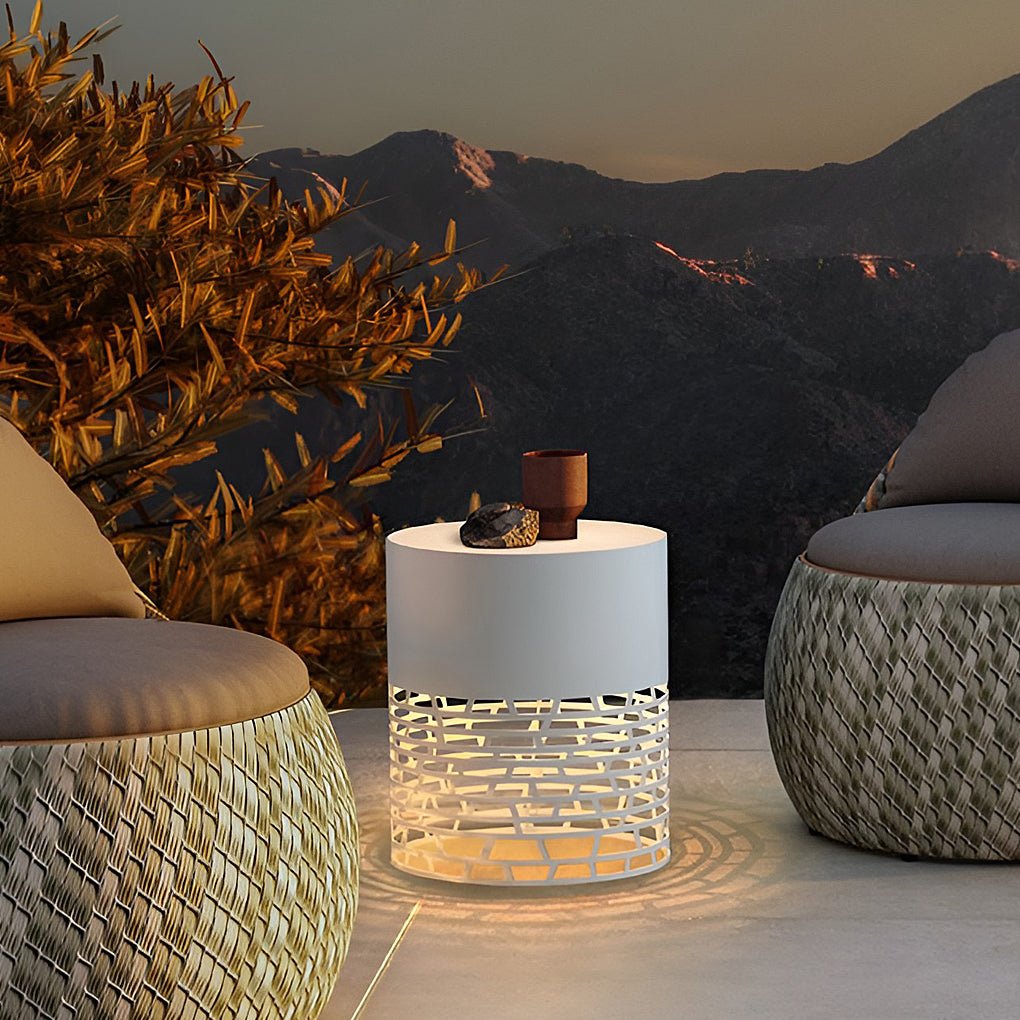 Hollow Mesh Cylinder LED Outdoor Floor Lantern IP54 Stainless Steel Acrylic 3000K