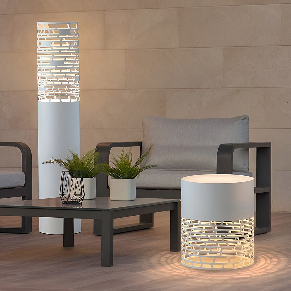 Hollow Mesh Cylinder LED Outdoor Floor Lantern IP54 Stainless Steel Acrylic 3000K