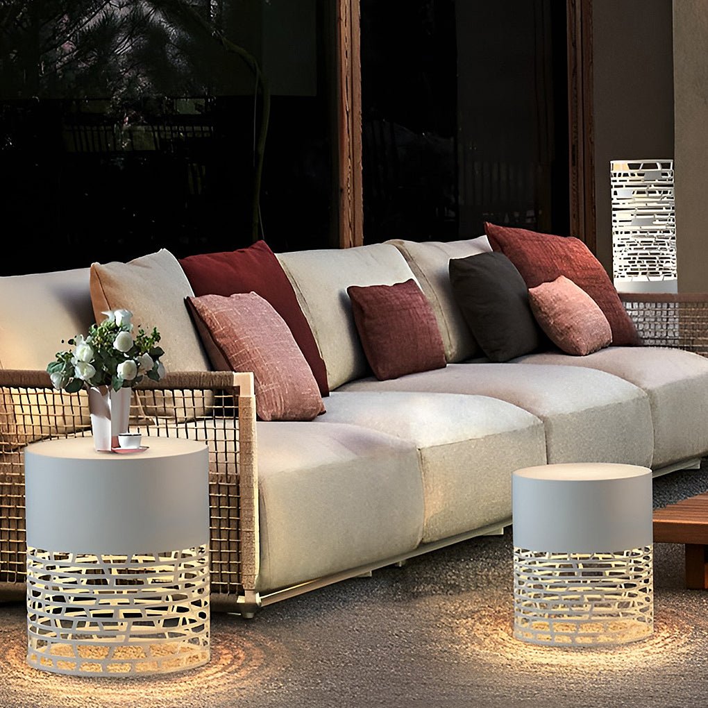 Hollow Mesh Cylinder LED Outdoor Floor Lantern IP54 Stainless Steel Acrylic 3000K