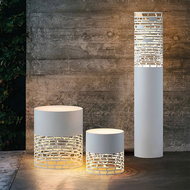 Hollow Mesh Cylinder LED Outdoor Floor Lantern IP54 Stainless Steel Acrylic 3000K