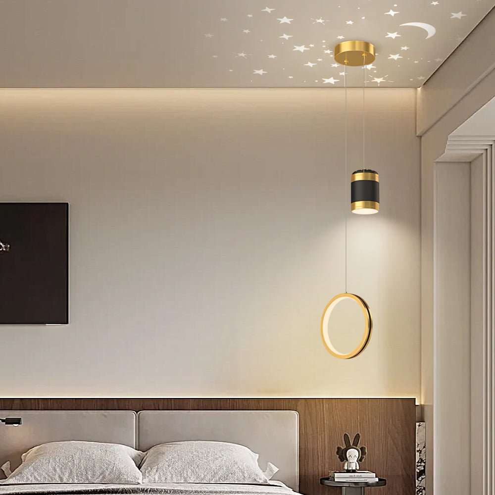 Starry Projection Iron and Silicone Ring Pendant Light with 3-Step Colour Temperature in Round or Oval