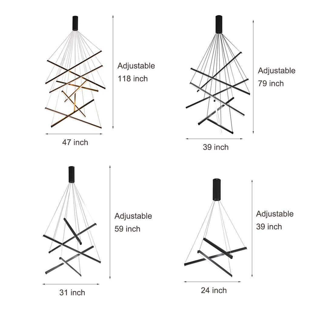 Geometric Linear LED Chandelier Black Iron Aluminium Dimmable 3000K–6000K Remote 4 Configurations