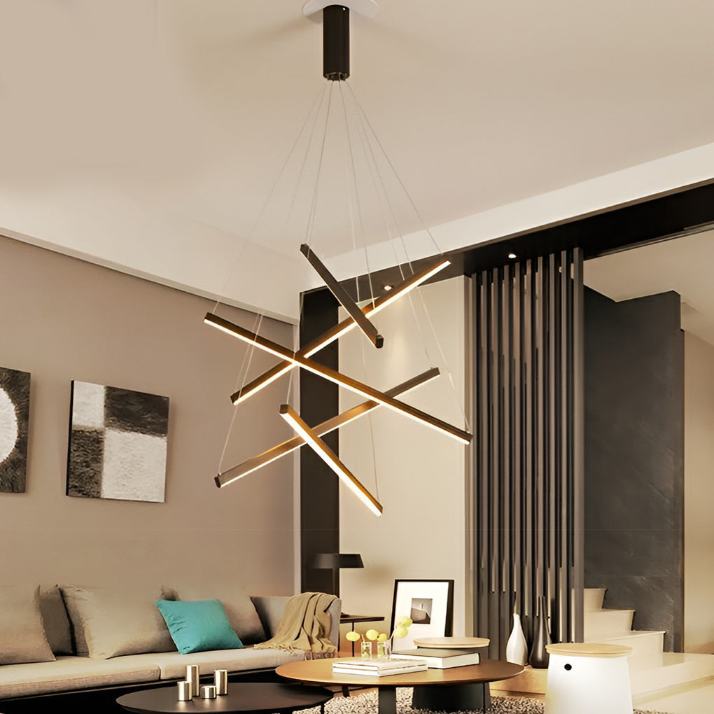 Geometric Linear LED Chandelier Black Iron Aluminium Dimmable 3000K–6000K Remote 4 Configurations