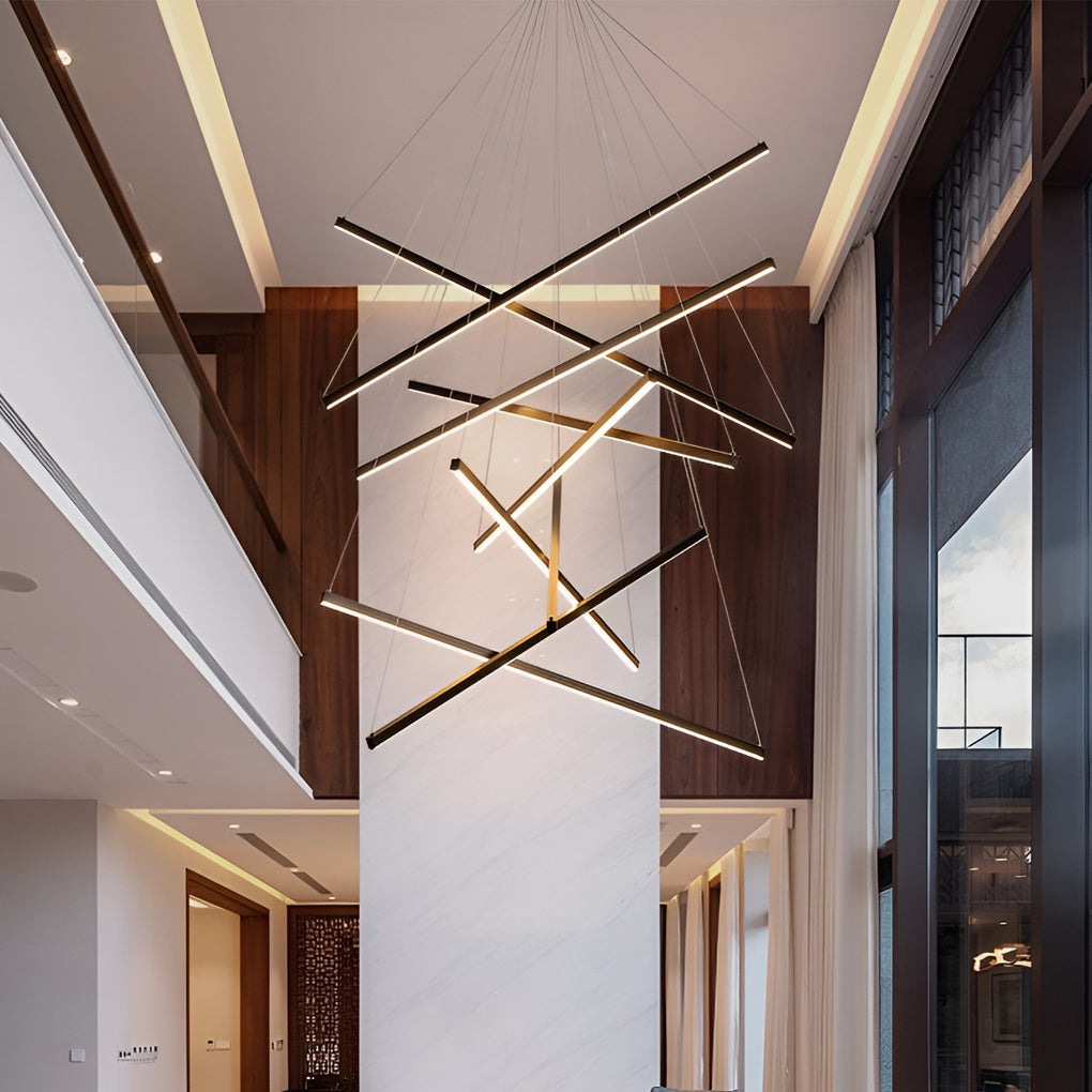 Geometric Linear LED Chandelier Black Iron Aluminium Dimmable 3000K–6000K Remote 4 Configurations