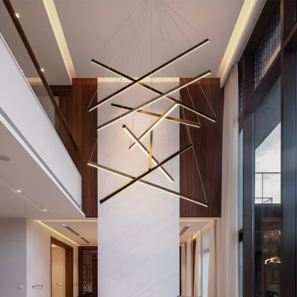 Geometric Linear LED Chandelier Black Iron Aluminium Dimmable 3000K–6000K Remote 4 Configurations