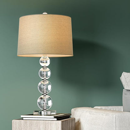 Stacked Crystal Ball Table Lamp White Fabric Drum Shade E26 E27 In-line Remote