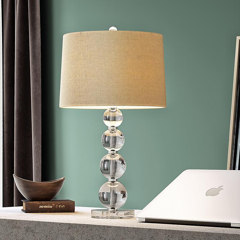Stacked Crystal Ball Table Lamp White Fabric Drum Shade E26 E27 In-line Remote