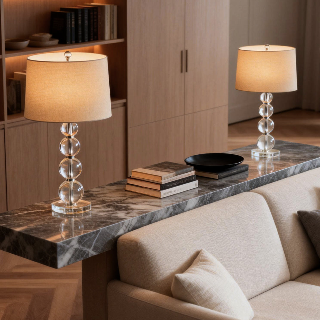 Stacked Crystal Ball Table Lamp White Fabric Drum Shade E26 E27 In-line Remote