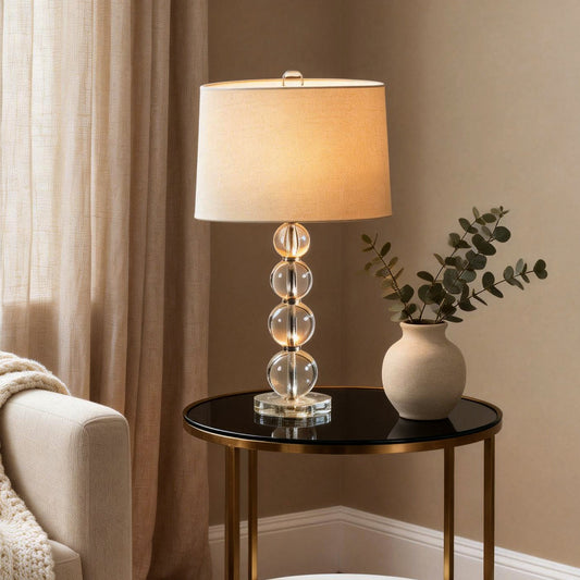 Stacked Crystal Ball Table Lamp White Fabric Drum Shade E26 E27 In-line Remote