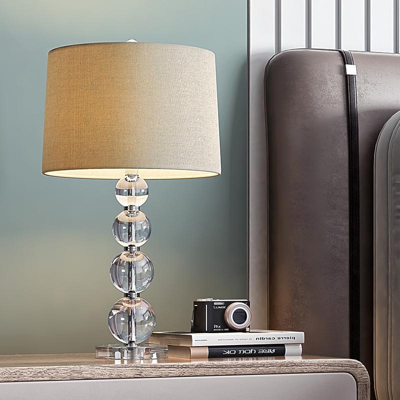 Stacked Crystal Ball Table Lamp White Fabric Drum Shade E26 E27 In-line Remote