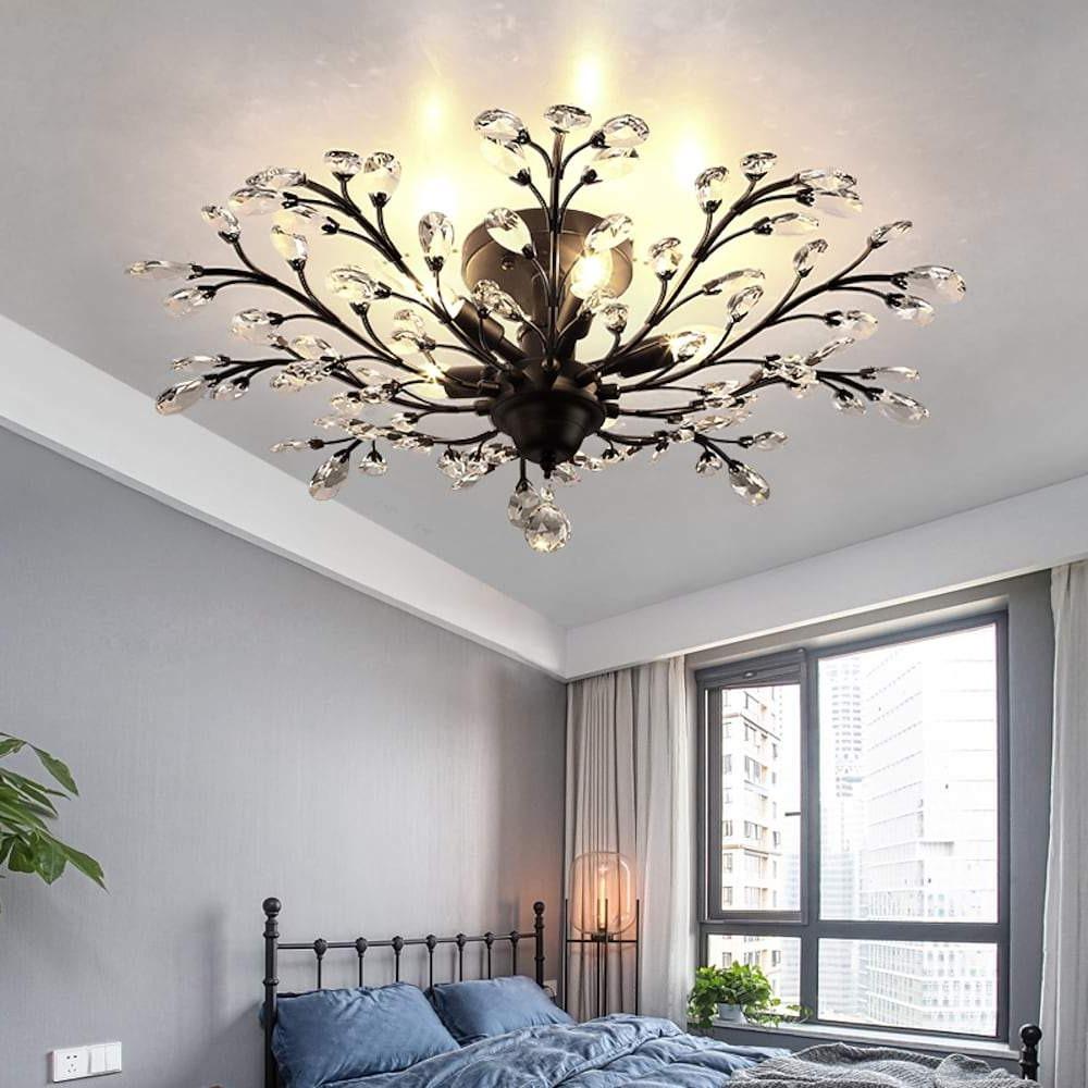Crystal Branch Semi-Flush Ceiling Chandelier Metal Black Gold E14 3000K Nordic 3 Configurations