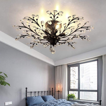 Crystal Branch Semi-Flush Ceiling Chandelier Metal Black Gold E14 3000K Nordic 3 Configurations