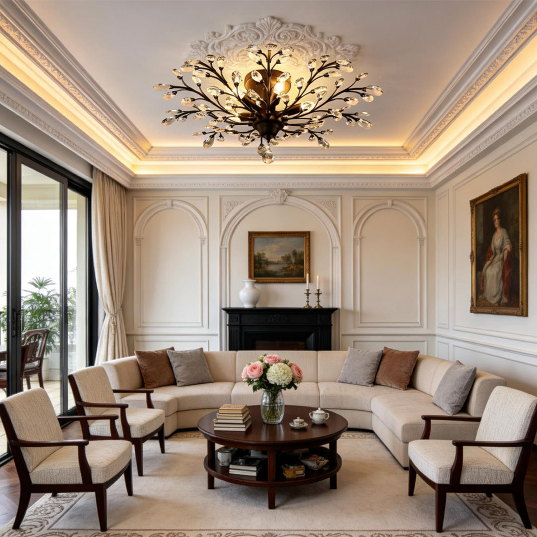 Crystal Branch Semi-Flush Ceiling Chandelier Metal Black Gold E14 3000K Nordic 3 Configurations