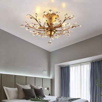 Crystal Branch Semi-Flush Ceiling Chandelier Metal Black Gold E14 3000K Nordic 3 Configurations