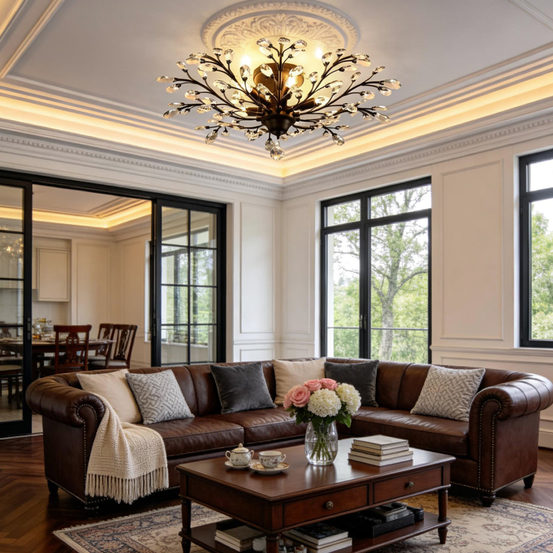 Crystal Branch Semi-Flush Ceiling Chandelier Metal Black Gold E14 3000K Nordic 3 Configurations